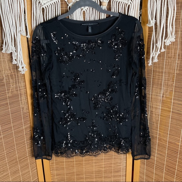 White House Black Market Tops - WHBM SEQUINED FLOWER BLOUSE - DNU Size XS Black